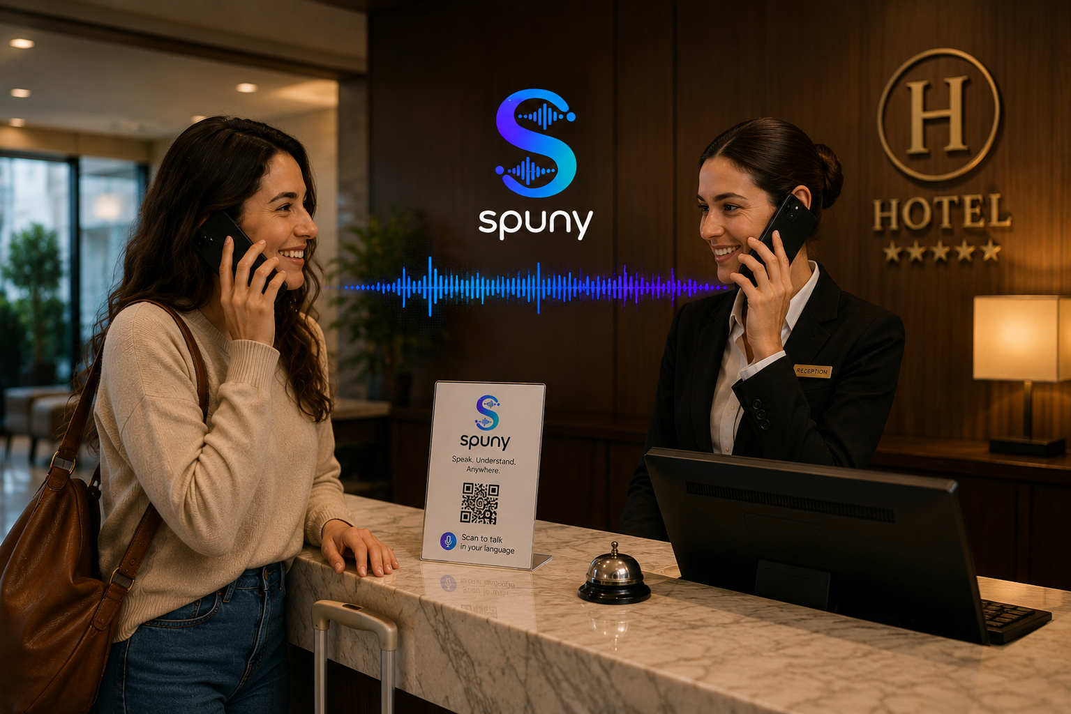 Hotel guest and receptionist
